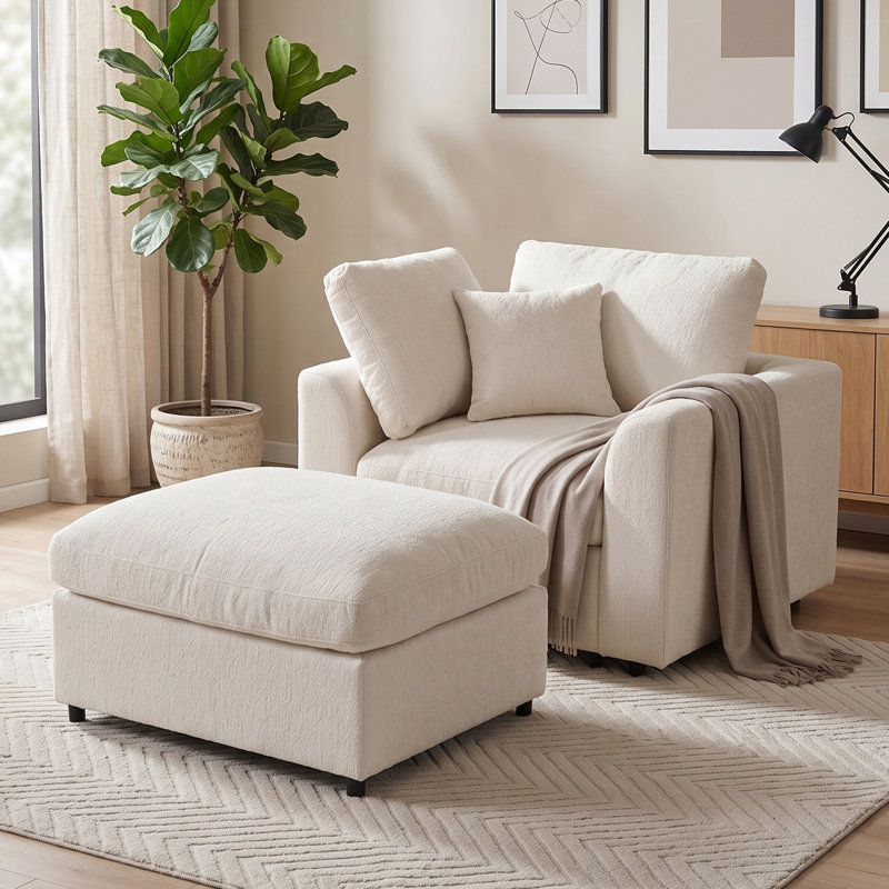 Fauteuil d'appoint en chenille de 44 po de large avec repose-pieds surdimensionné avec repose-pieds pour salon, Beige