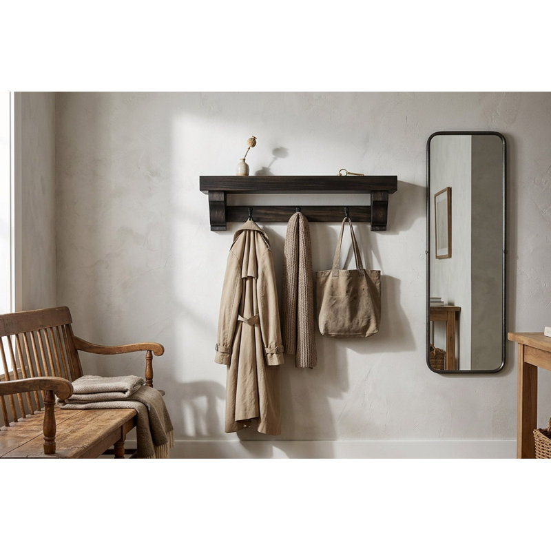 Rayne Small Wall Mounted Coat Rack with Shelf 9 Hook, 60/4/4, Ebony