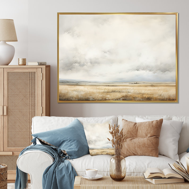 «Beige tempête prairie charme IV - tempêtes», art mural sur toile, Cadre flottant doré, H 12 po x l 20 po x P 1 po