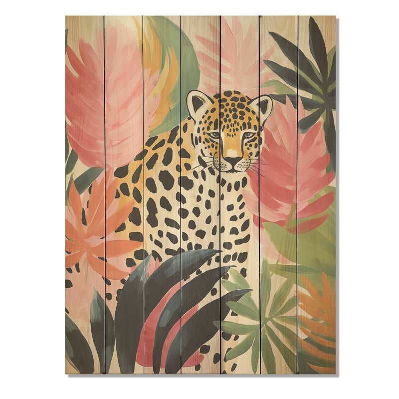 Léopard vert et rose, élégance tropicale I - léopard / guépard sur bois, H 20 po x l 10 po