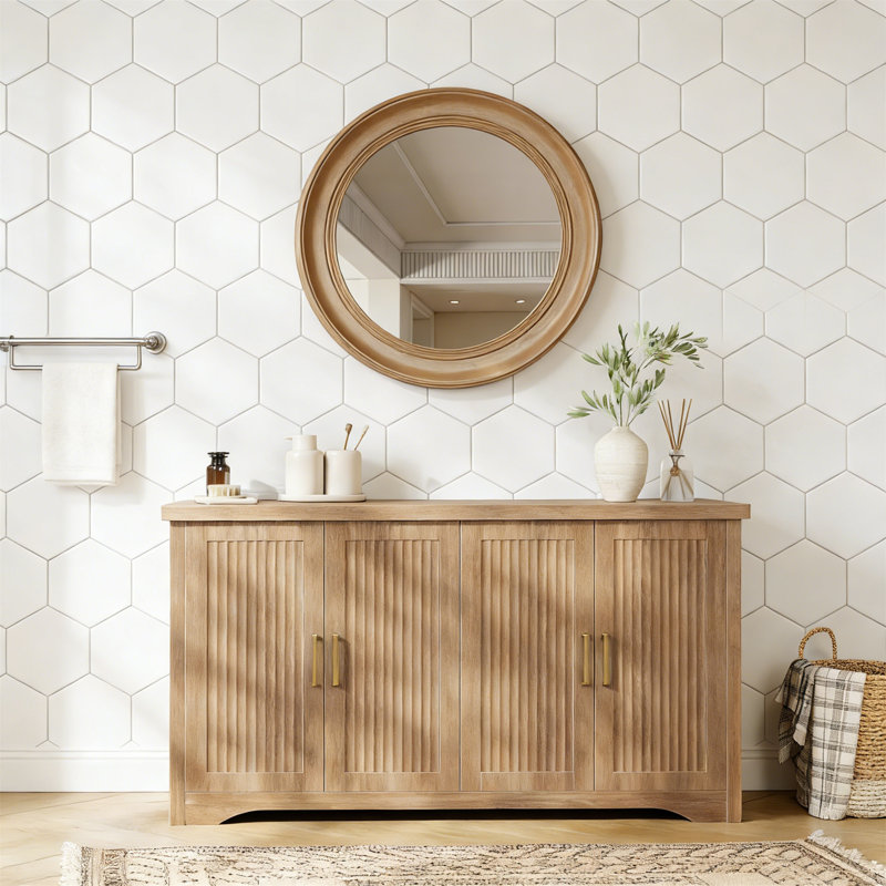 Natural Oak Fluted Buffet Cabinet With 4 Doors & Adjustable Shelves