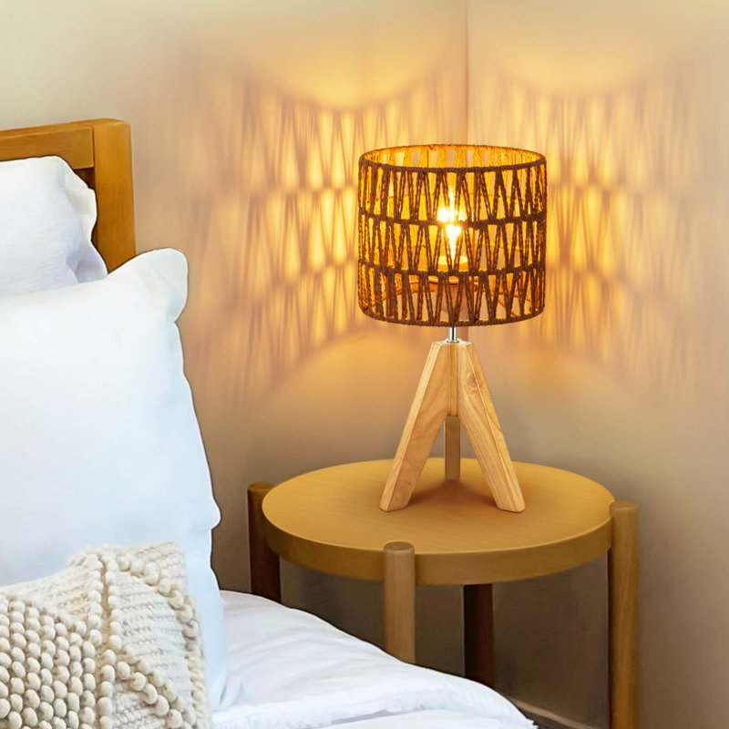 Aurion 14.2" Light Brown Solid Wood Tripod Table Lamp Set with Rattan Shade