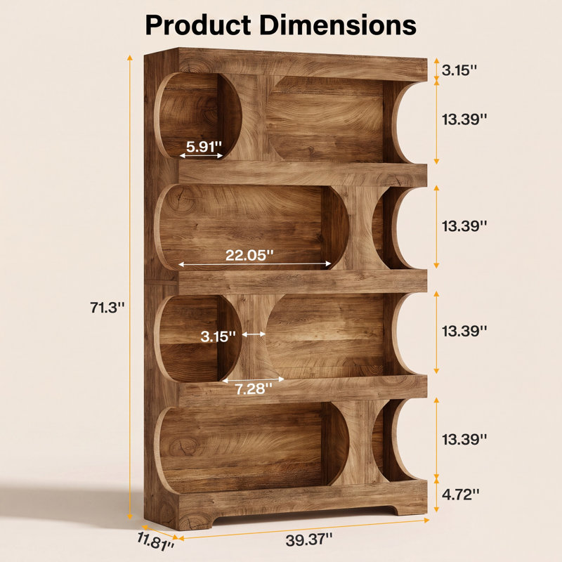 71" Tall Bookcase with Curved Design, Modern 4-Tier Freestanding Bookshelf for Home Offices, Living Rooms, Bedrooms, Brown