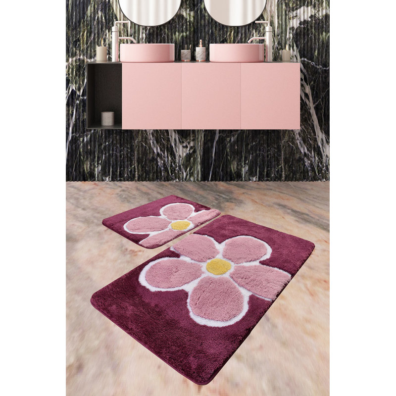 Floral 2 Piece Bath Rug Set, Purple/Pink