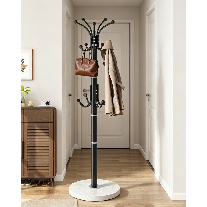 360 Degree Rotating Coat Rack Stand, Freestanding Metal Coat Rack with 14 Hooks and Natural Marble Base, Heavy Duty Coat Tree for Office, Entryway, Hallway, and Bedroom, Black