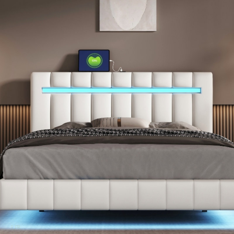 Cadre de lit flottant pour grand lit avec lumières DEL et chargement USB, cadre de lit tapissier moderne à plateforme (lit)