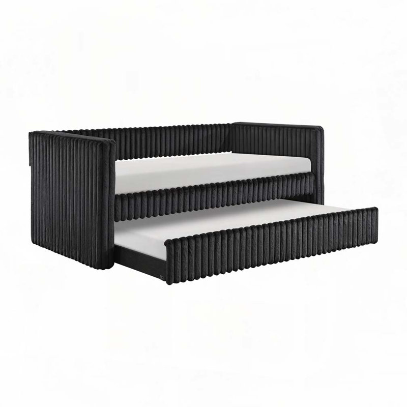 Corduroy Fabric Upholstery Daybed with Trundle, Black