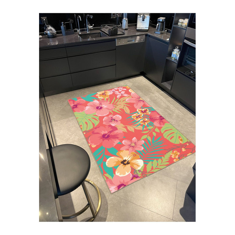 Tapis rose à motif floral multicolore à motif de feuilles tissées lavable à la machine