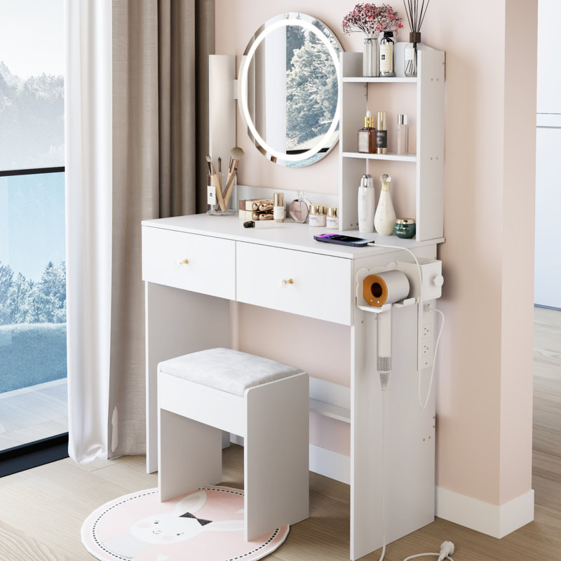 17" Round Led Vanity Table , 3 - Color Adjustable Brightness Mirror System, Touch Switch, Built In 2 Ac + 1 Type C Charging, Big Mirror, High Capacity Storage, American Style, White Dressing Unit