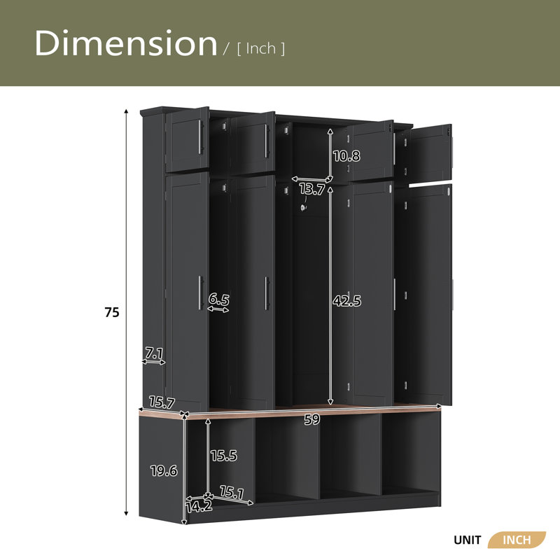 Arbre d'entrée de style campagnard avec 4 crochets cachés, banc polyvalent en noyer avec 8 portes, armoire à chaussures d'entrée avec compartiments ouverts