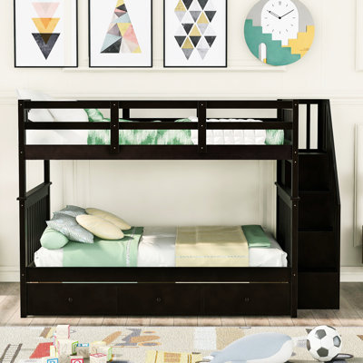 Bedroom Stairway Bunk Bed, Drawer And Storage, Color, Two Full Size Sleeping Areas, Solid Pine Legs, 94.2"l X 59.2"w 63.1"h Storage Under Stairs, Beds