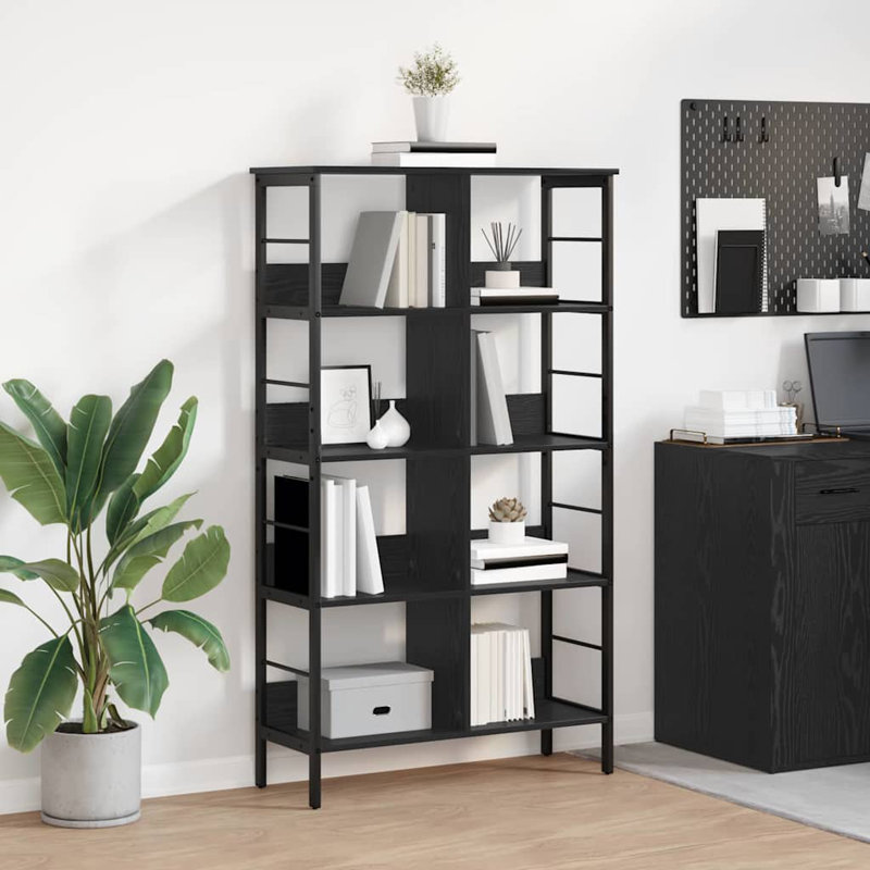 82cm W Steel Etagere Bookcase, (4 Shelves) 144.5cm. H x 82cm. W x 32cm. D, Black Oak