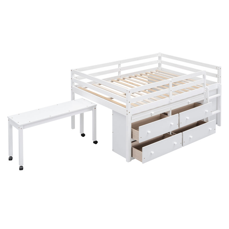 Higinia Kids Loft Bed with Drawers, White, Full
