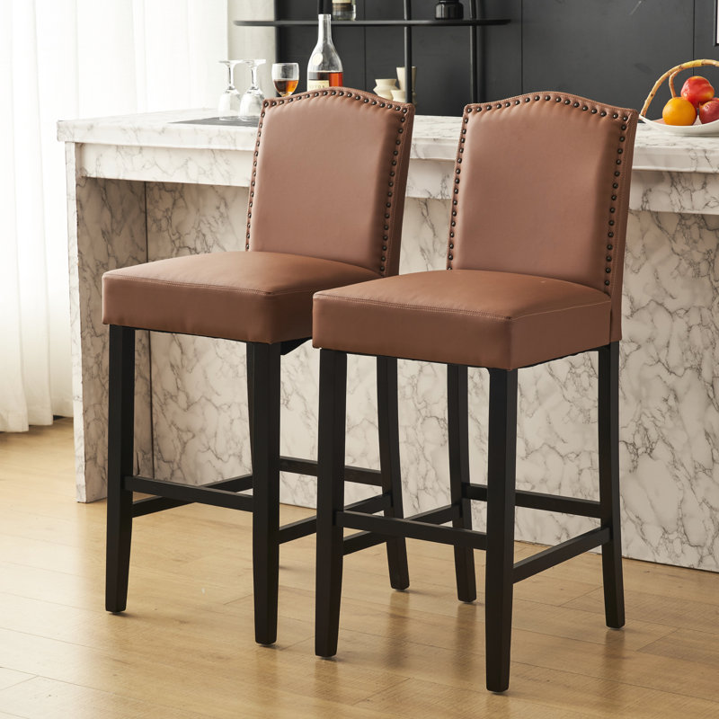 2 For Kitchen Island Countertop - Brown Pu Leather, Rubberwood Legs, 300Lbs Load Capacity, Contemporary And Useful Counter Height Pair Faux Weight Limit, Chic