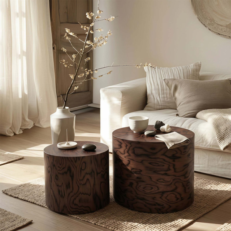 Ensemble de 2 tables basses gigognes rondes, table d'appoint en forme de souche d'arbre, sans assemblage, table d'appoint rustique à grain de tourbillon pour le salon, décor de maison de campagne moderne Wabi-Sabi