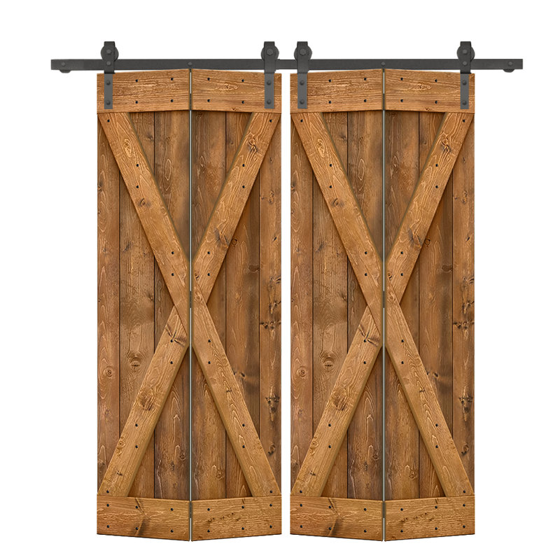 Porte de grange pliante pré-assemblée en bois avec quincaillerie coulissante, Noyer, 60 po x 84 po