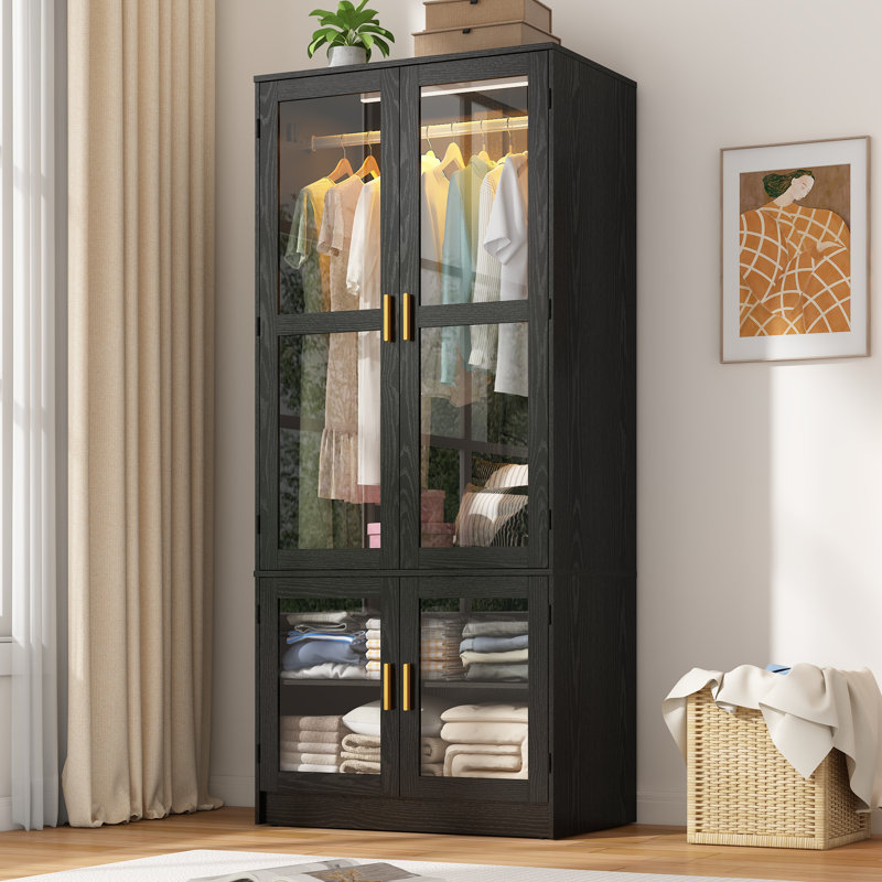 Armoire 4 portes H 71 po avec capteur DEL et tringle, Noir