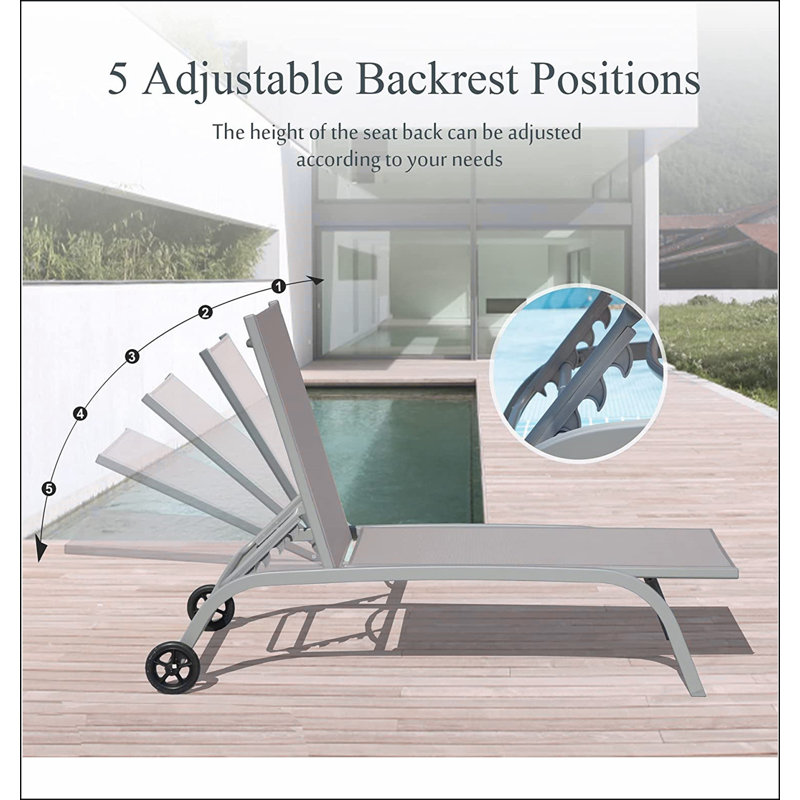 Chaise Lounge Outdoor Set of 2, Lounge Chairs for Outside with Wheals, Outdoor Lounge Chairs with 5 Adjustable Position, Pool Lounge Chairs for Patio, Beach,Yard,Deck,Poolside
