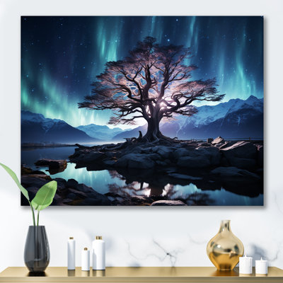 «Blue and Pink Tree In Northern Lights II», art mural arbre