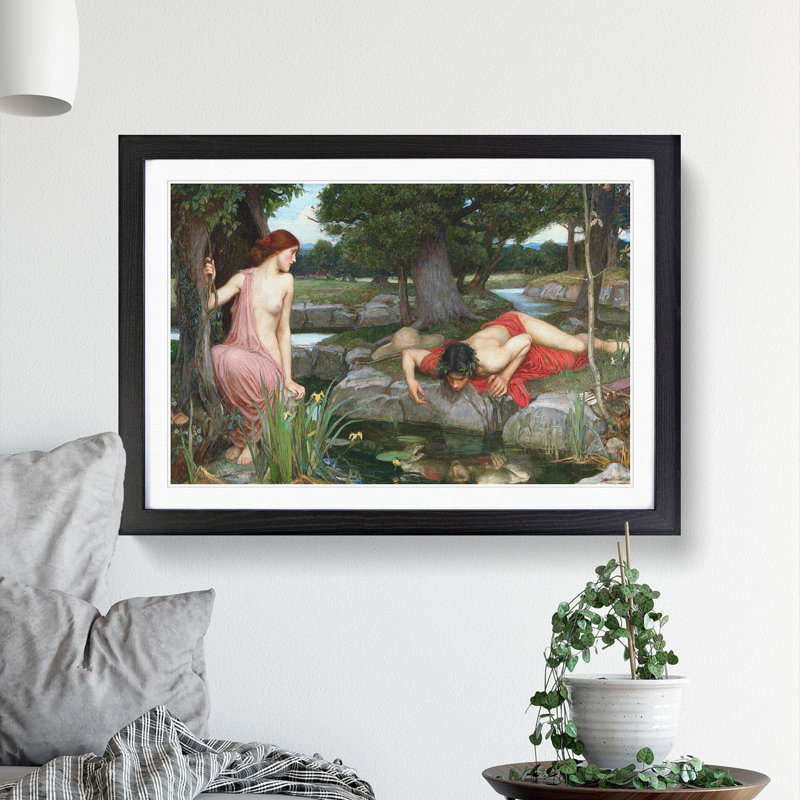 Echo and Narcissus by John William Waterhouse - Framed Print, 48cm H x 65cm W x 2cm D, Black Framed