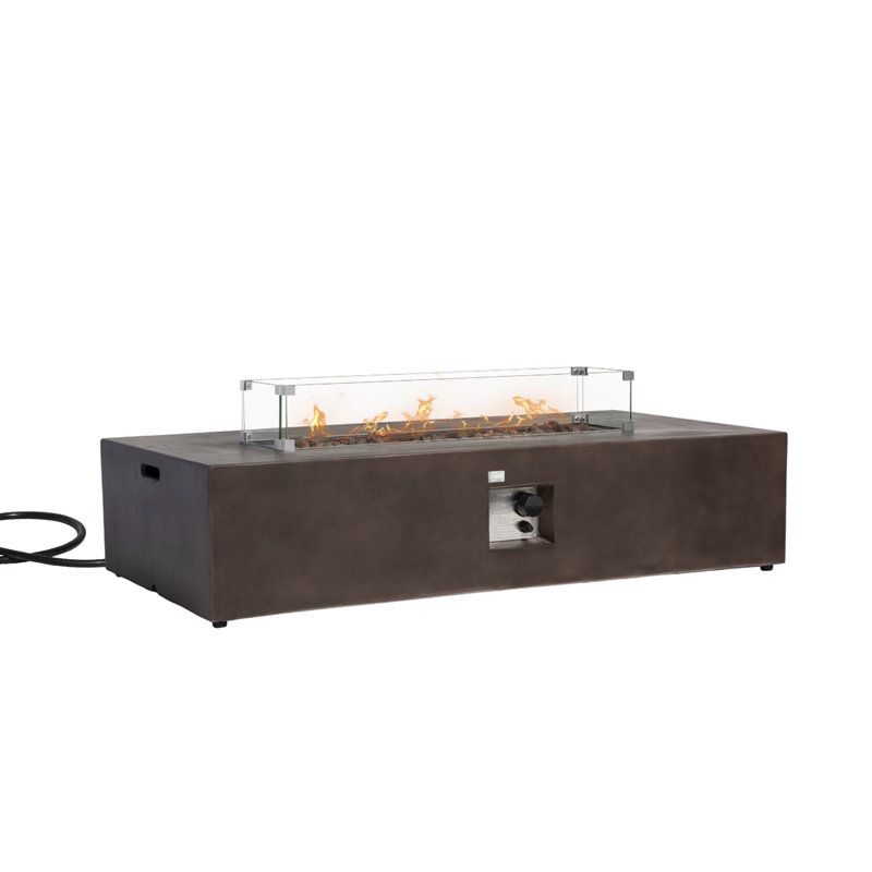 56"W Outdoor Concrete Propane Fire Pit Table With Glass Wind Guard, Red