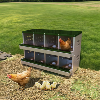 Dark Green 8 Slot Metal Chicken Nest Box Wall Mount Design Rust & Water Resistant Roll Out Laying Station with Roost Bar Air Vents for Backyard Chicken Coops