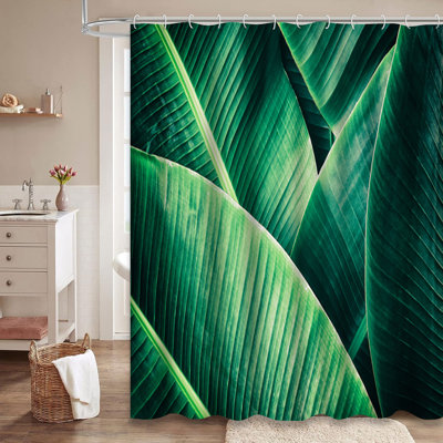 Dark Green Tropical Leaf Palm Foliage Abstract Green Nature Exotic Dark Shower Curtain with 12 Hooks