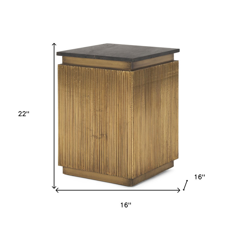 Table de bout carrée 22 po en pierre noire et dorée et laiton