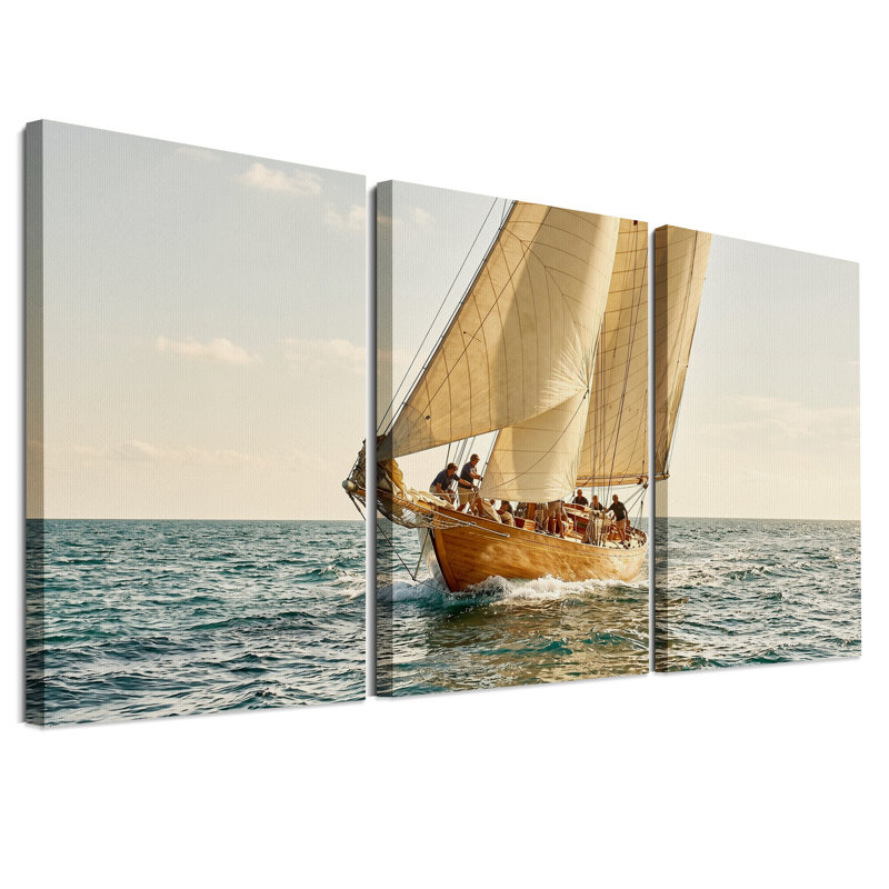 Ensemble de 3 toiles murales représentant un voilier en bois à voiles blanches sur un océan bleu, 24"H x 16"W x 3pcs