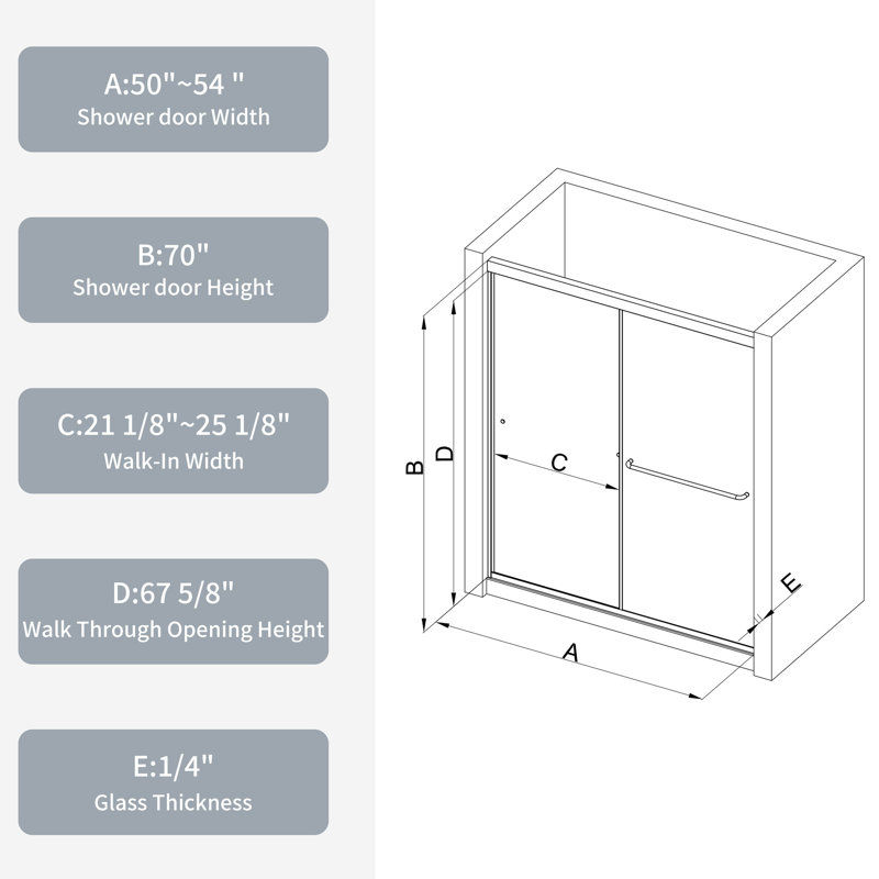 Bypass Shower Door With 1/4" Tempered Glass - 50 54" X 70", Chromed, Smooth Sliding, Leakage Chromed Finish Glass, 36000 Times Open And Close