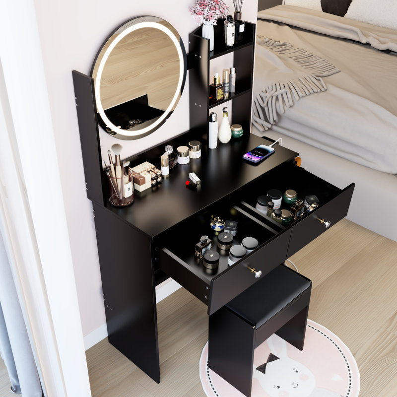 17" Round Led Vanity Table With Cushioned Stool, Big Mirror, 3 - Color Adjustable Brightness , Touch Switch, 2 Ac + Power Sockets, Multi Layer Storage, American Design, Material, 31.5 In Depth, 14.2