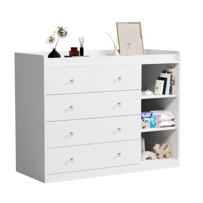 47.24" Baby Multi-Functional Baby Changing Table With 5 Drawers And 3 Shelves, White