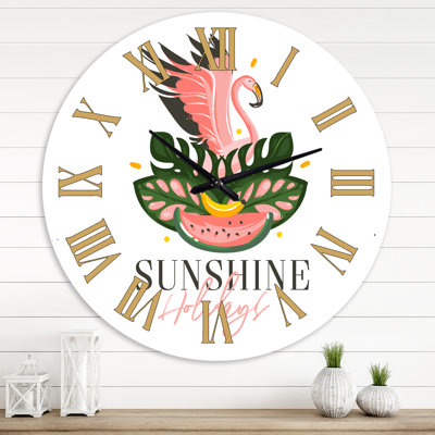 Tropical Sign With FLamingo Bird Watermelon - Modern wall clock