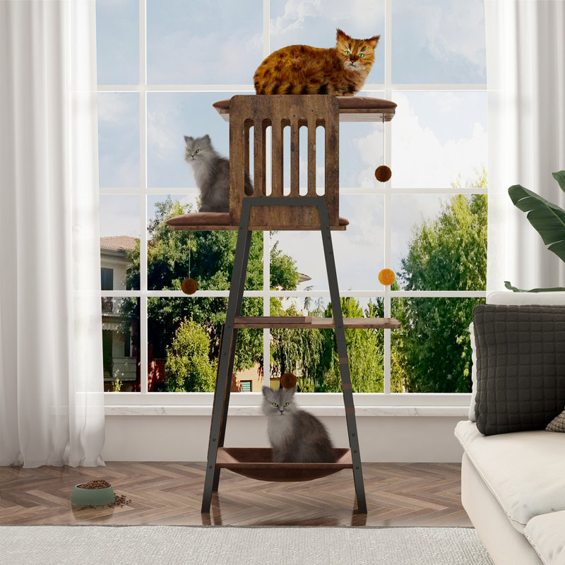 Arbre à chat moderne et rustique, fabrication en bois MDF, parfait pour le divertissement familial