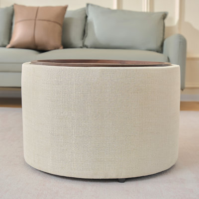 Repose-pieds gigognes avec rangement Ball & Cast, repose-pieds en lin avec plateau en bois, table basse et banc ronds de 22,75 po, beige
