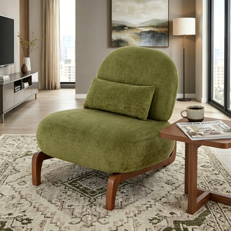Modern Velvet Armless Accent Chair with Solid Wood Legs, Soft Cushioned Reading Chair, Green