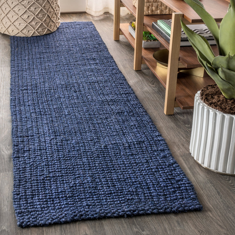 Tapis bleu marine en jute tissé à la main Pata, Tapis de couloir 2 pi 2 po x 8 pi