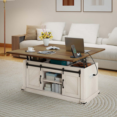Extendable Lift Top Coffee Table With Storage Sliding Barn Door & Power Outlets by Ophelia & Co.