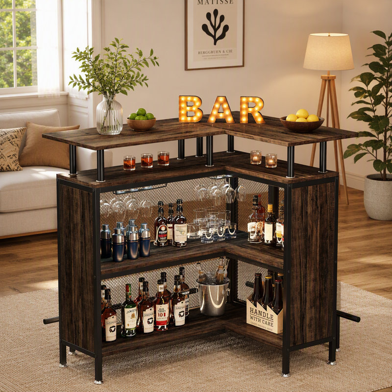 Table de bar en forme de L avec porte-verres et tablettes