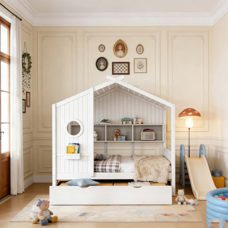 Lit simple en bois avec lit gigogne, Blanc, Lit simple