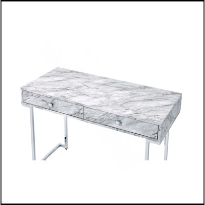 Bureau d'écriture blanc avec plateau en faux marbre et finition chromée