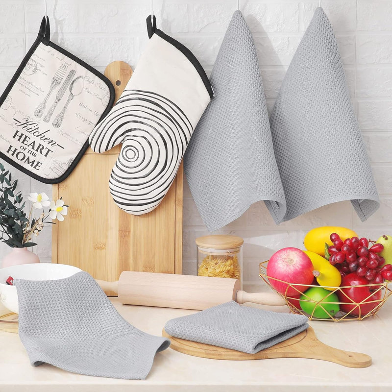 100% Cotton Waffle Weave Kitchen Dish Cloths, Ultra Soft Absorbent Quick Drying Dish Towels, 6-Pack, Light Gray