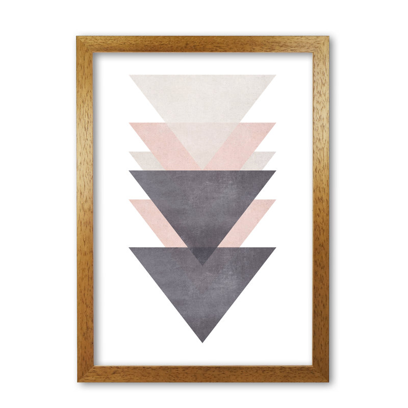 Cotton, Pink And Grey Abstract Triangles - Print, 42 cm H x 30 cm W x 5 cm D, Honey Oak Frame