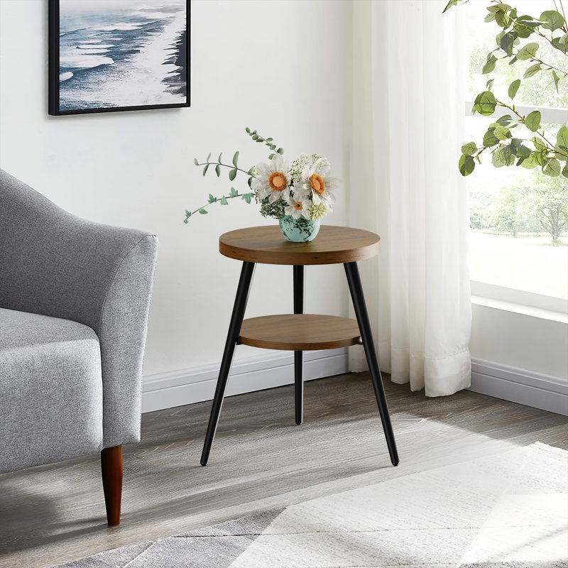 Table de bout ronde avec 3 pieds et 2 niveaux de rangement, Noyer foncé