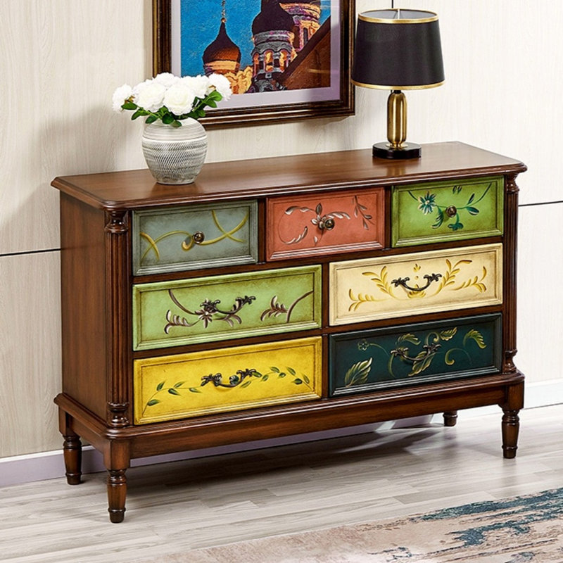Armoire d'appoint de rangement en bois massif à 7 tiroirs en noyer foncé foncé, L 46,85 po x P 14,57 po x H 31,1 po