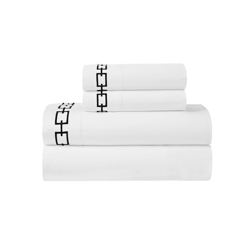 Superior 100% Cotton Chain Link Embroidered Deep Pocket Bed Sheet Set, Queen Sheet Set with 2 Pillowcases, White/Black