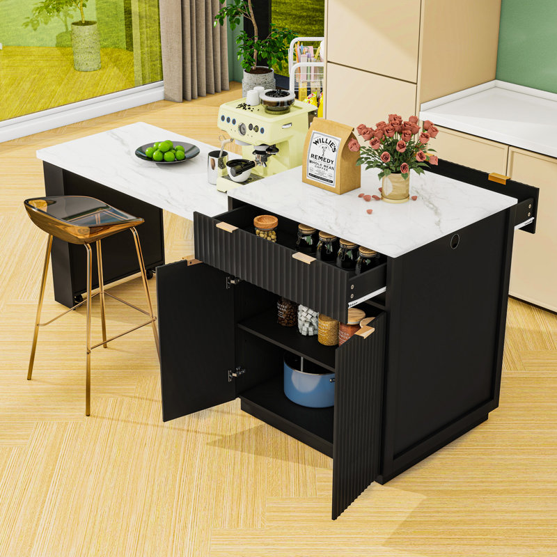 Kitchen Island with Extendable Dining Table for 4-6, Double-Sided Storage, Power Outlet and Drawers, Black