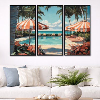 Miami Poolside Palms - Teal Tropical Framed 3 Piece Canvas Print