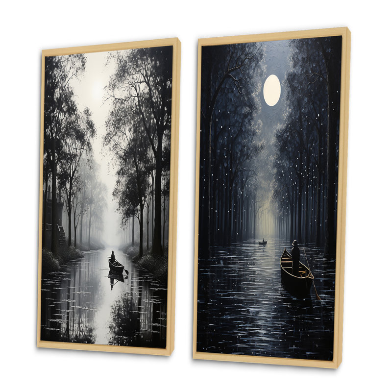 «Canal Quiet Passage Charcoal», 2 pièces, H 32 po x l 32 po, Encadrement brun