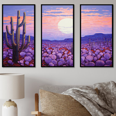 Cactus lavande paysage - ensemble d'art mural sur toile cactus floral